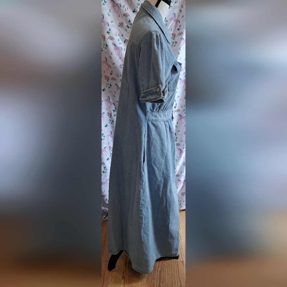 EUC Vintage 80s Light Denim Button Up Prep Casual Collar Maxi Dress Skirt SZ L - Picture 2 of 6